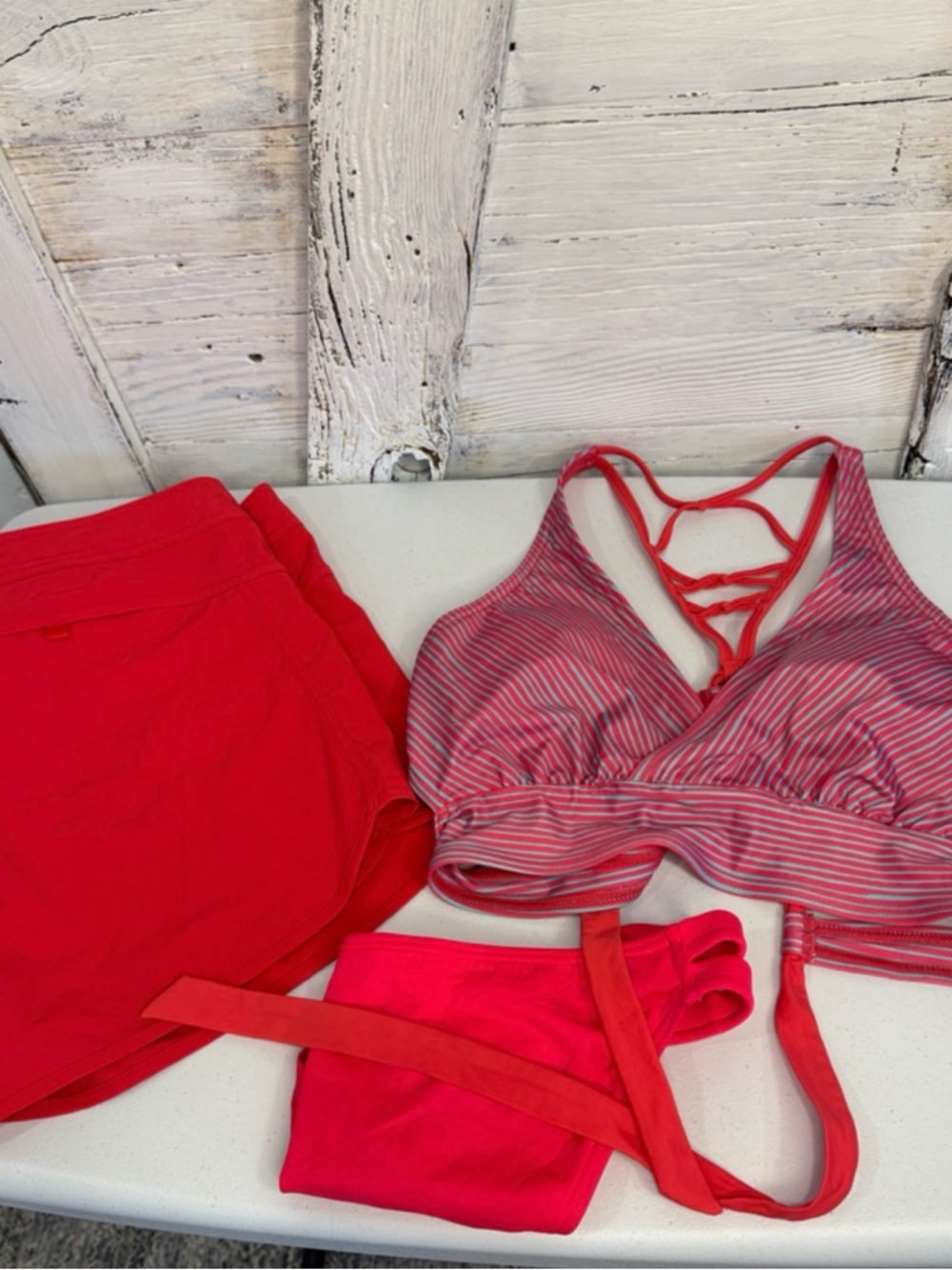 Prana Coral Red Swim Top, Bottom (different brand) and Prana Board Shorts